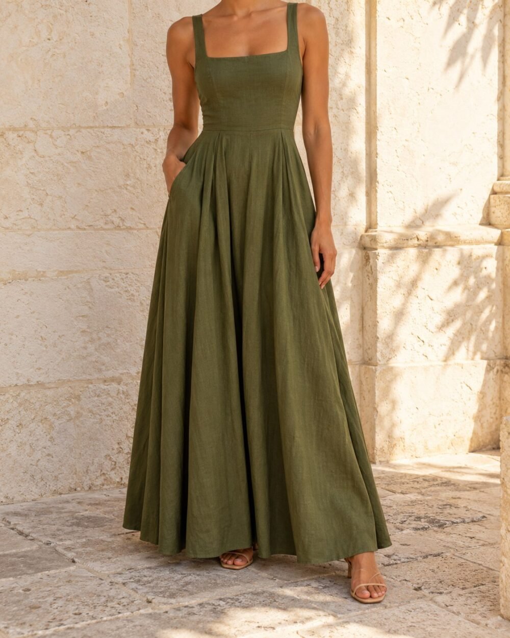 Olive Pleated Maxi Dress