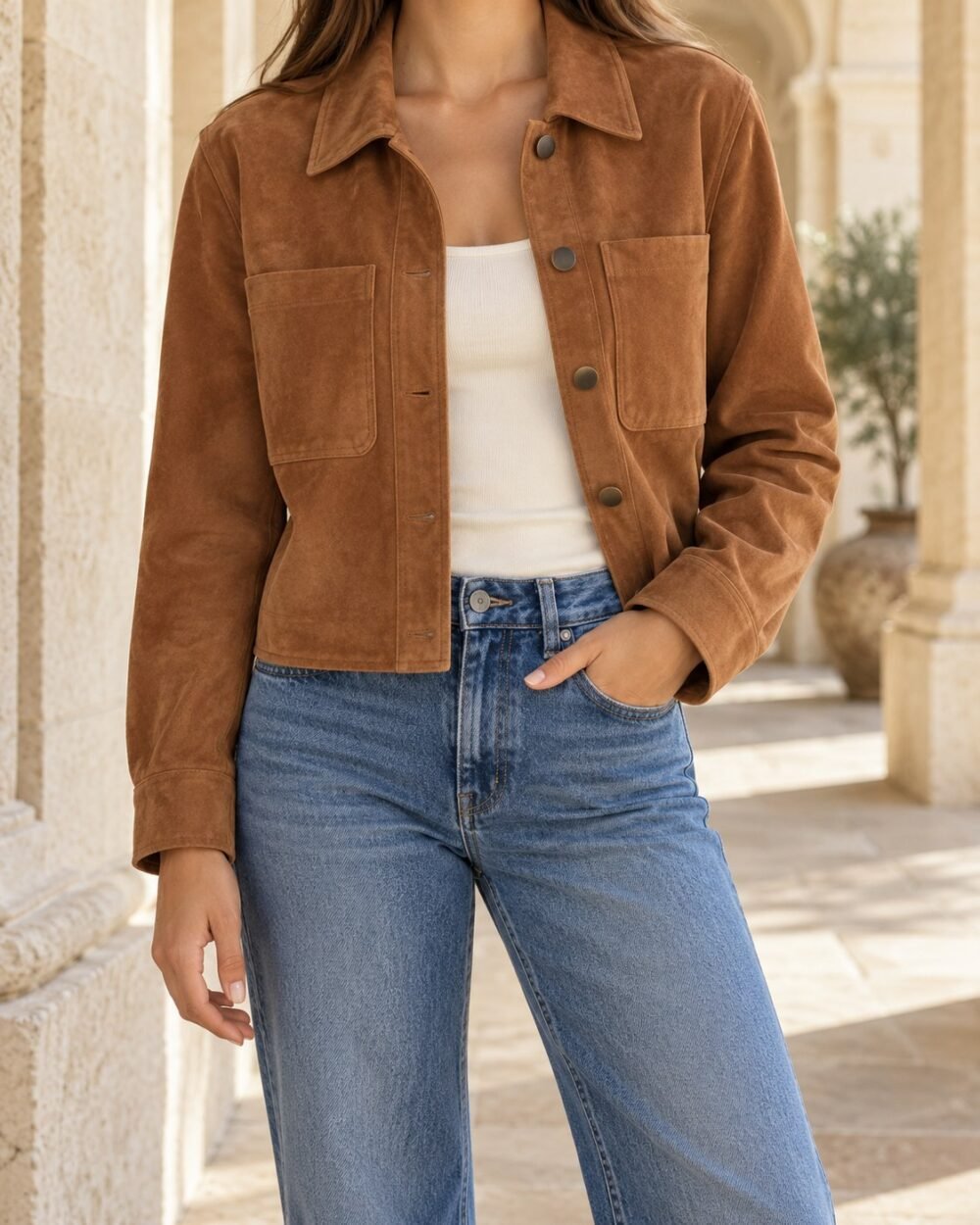 Suede-Look Cropped Overshirt